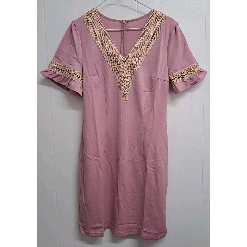 Women Dress Lace V Neck Ruffle Sleeve Casual Short Mini Dress Pink Size S